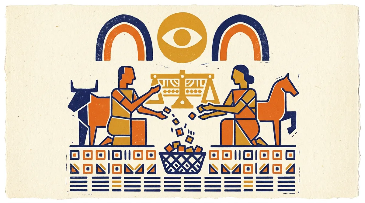 Abstract celestial balance illustration in saffron and indigo