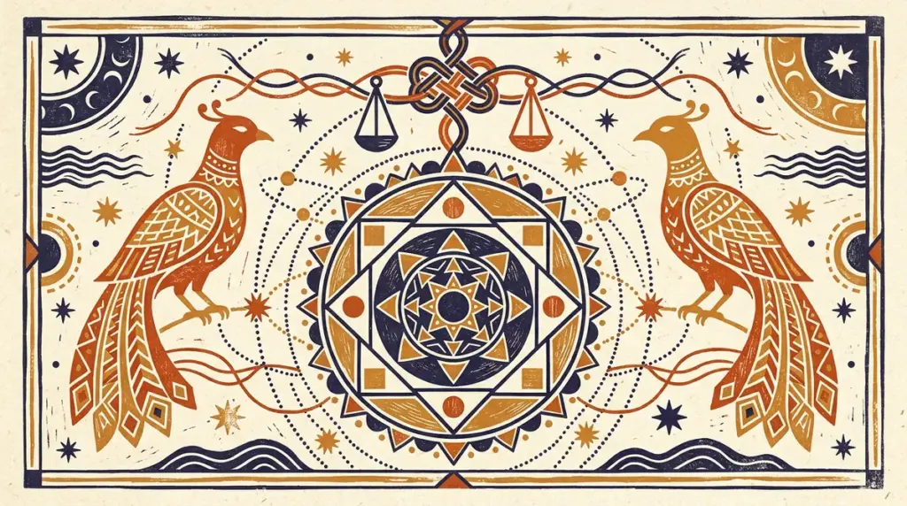 Abstract celestial balance illustration in saffron and indigo