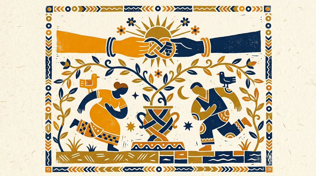 Two interlocking circles representing balance and harmony in a block-print style.