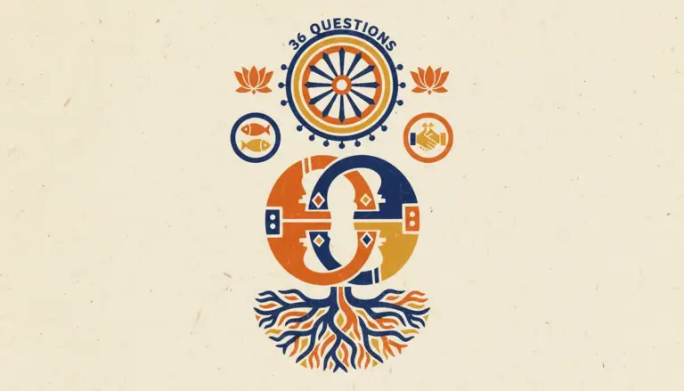 Two interlocking circles representing balance and harmony in a block-print style.