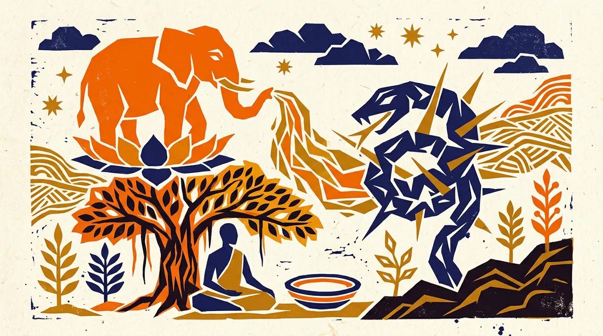 Flat block-print illustration showing a traditional fasting bowl with yellow offerings and prayer beads on textured paper.
