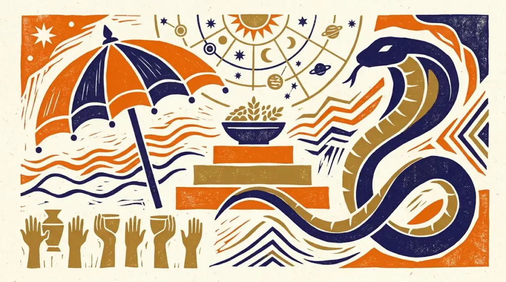 Flat block-print illustration showing a traditional fasting bowl with yellow offerings and prayer beads on textured paper.