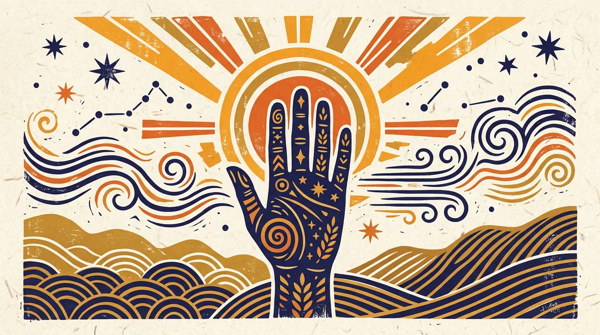 A block-print style image of an open hand with a rising sun, representing Hasta Nakshatra.