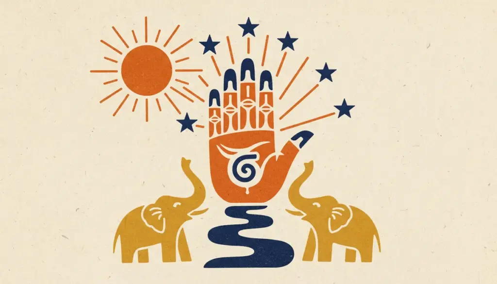 A block-print style image of an open hand with a rising sun, representing Hasta Nakshatra.