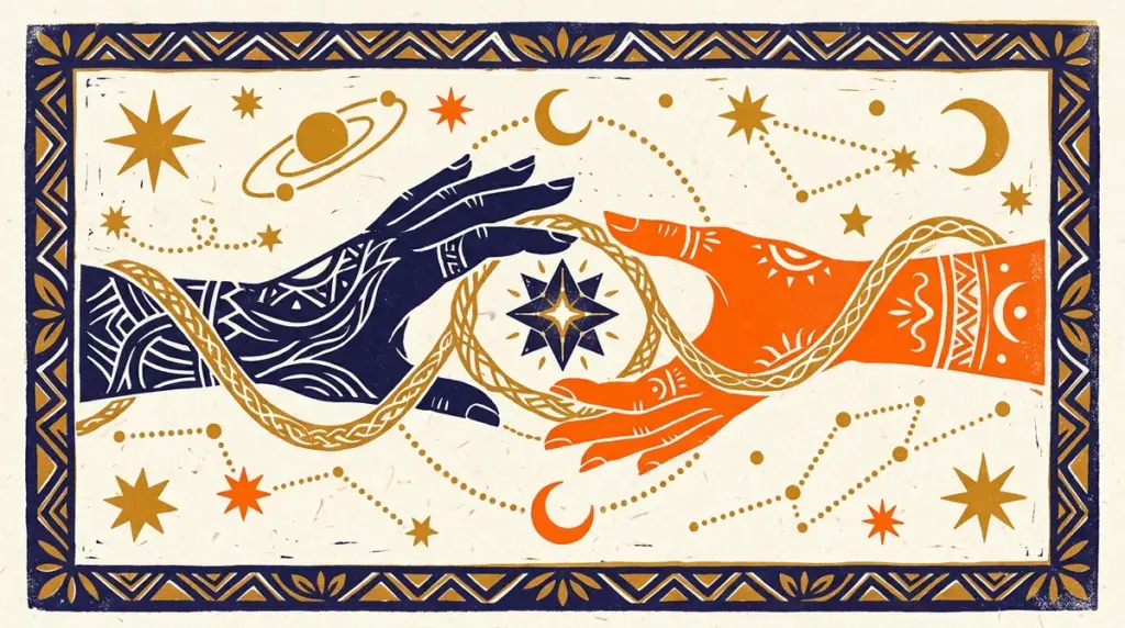 A block-print style image of a hand and lotus, representing the Hasta nakshatra.