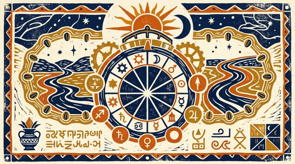 Traditional block print illustration showing sun, moon, and time divisions