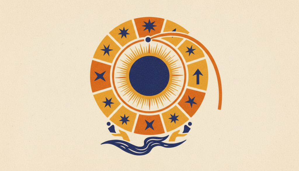 Block print illustration showing a crescent moon surrounded by calm cosmic waves in saffron and indigo tones