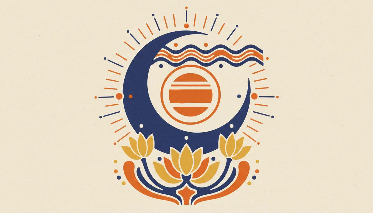 Block-print illustration of a crescent moon and wisdom book symbolizing peaceful practices during Moon and Jupiter periods