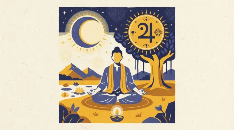 Block-print illustration of a crescent moon and wisdom book symbolizing peaceful practices during Moon and Jupiter periods