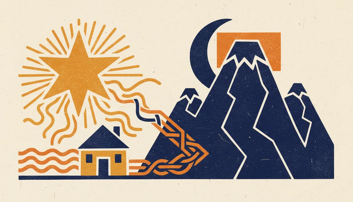 Stylized block print illustration depicting a balanced scale and open manuscript in saffron and indigo tones.