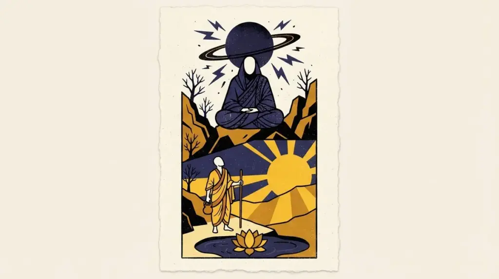 Stylized block print illustration depicting a balanced scale and open manuscript in saffron and indigo tones.