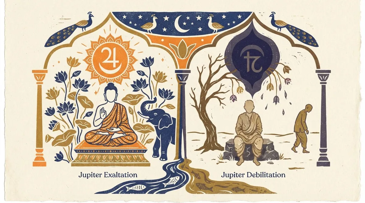 Traditional block-print art showing symbolic geometric rings, lotus shapes, and ancient astrological balance motifs on paper