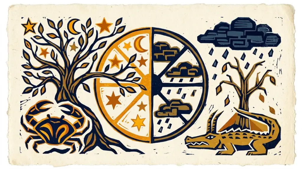 Traditional block-print art showing symbolic geometric rings, lotus shapes, and ancient astrological balance motifs on paper
