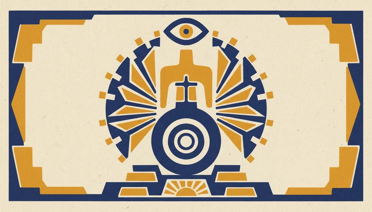 A minimalist block-print illustration of Jupiter in saffron and indigo.