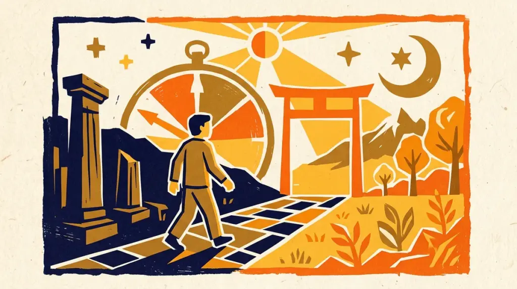 A minimalist block-print illustration of Jupiter in saffron and indigo.