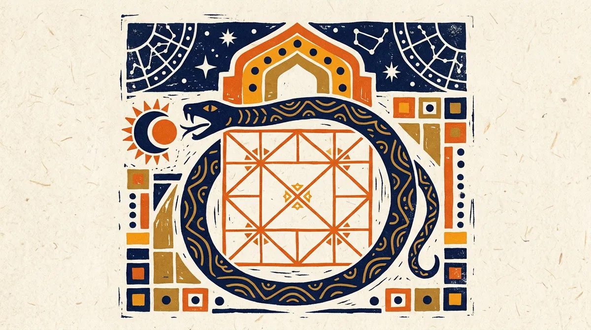Flat block-print illustration of celestial planetary paths enclosed within a symbolic circular serpent motif in saffron and indigo tones.