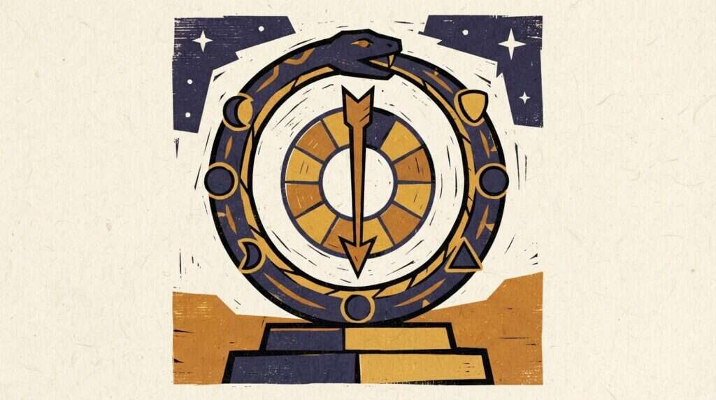 Flat block-print illustration of celestial planetary paths enclosed within a symbolic circular serpent motif in saffron and indigo tones.