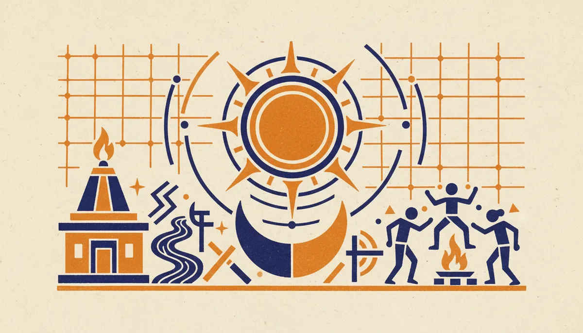A minimalist block-print style graphic featuring a crescent moon and sun in saffron and indigo, representing lunar and solar cycles.