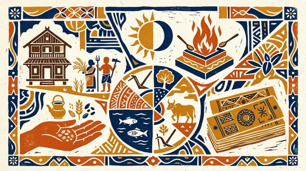 A minimalist block-print style graphic featuring a crescent moon and sun in saffron and indigo, representing lunar and solar cycles.