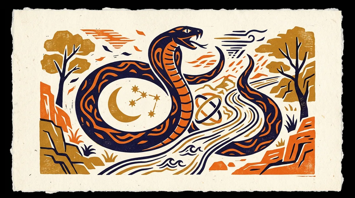 A symbolic block-print style illustration of a serpent, representing the Karkotak Kaal Sarp Dosha.