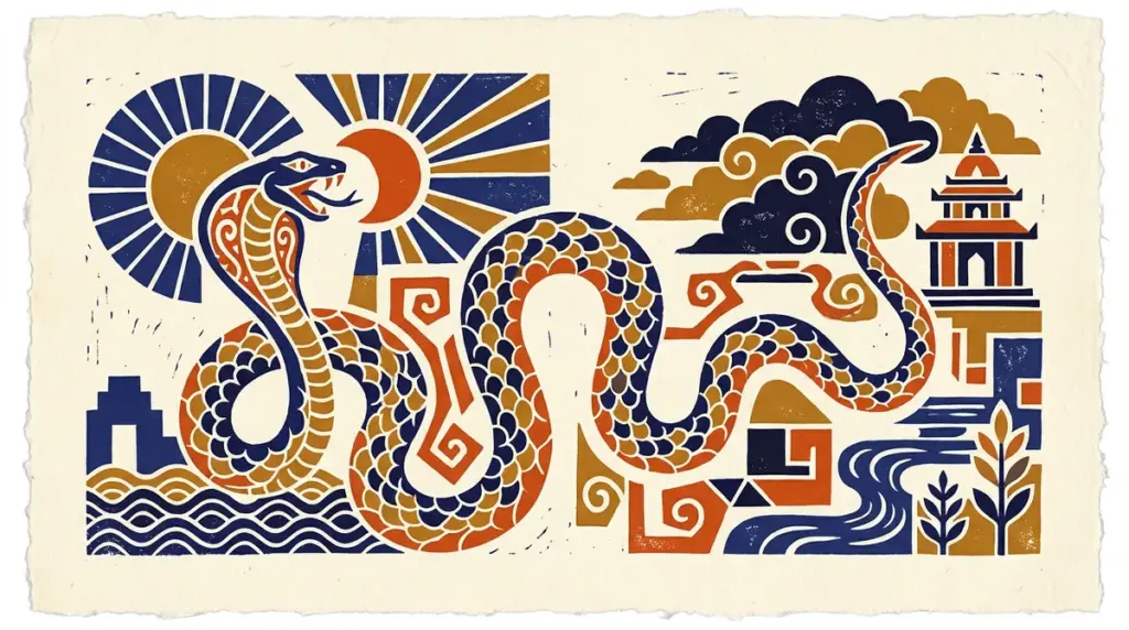 A symbolic block-print style illustration of a serpent, representing the Karkotak Kaal Sarp Dosha.