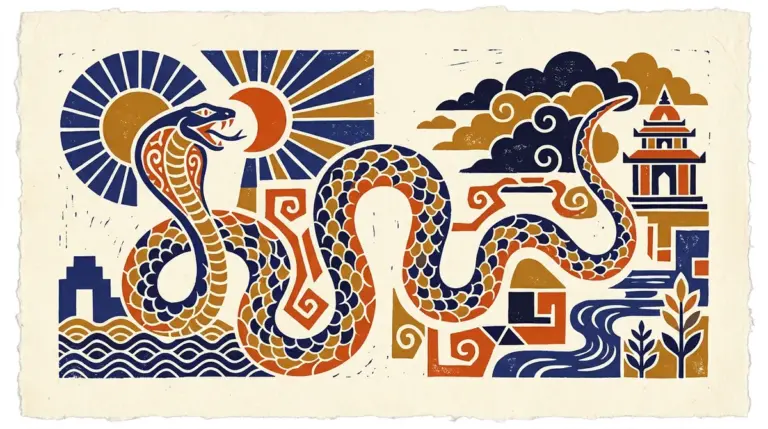 A symbolic block-print style illustration of a serpent, representing the Karkotak Kaal Sarp Dosha.