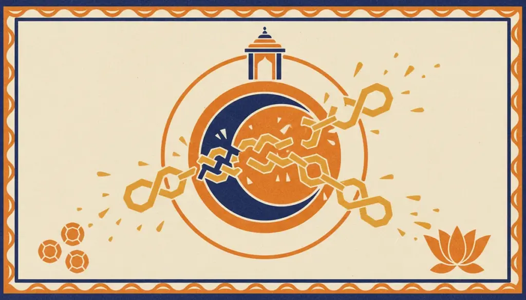 A stylized block-print of a crescent moon and a single tree representing lunar isolation.