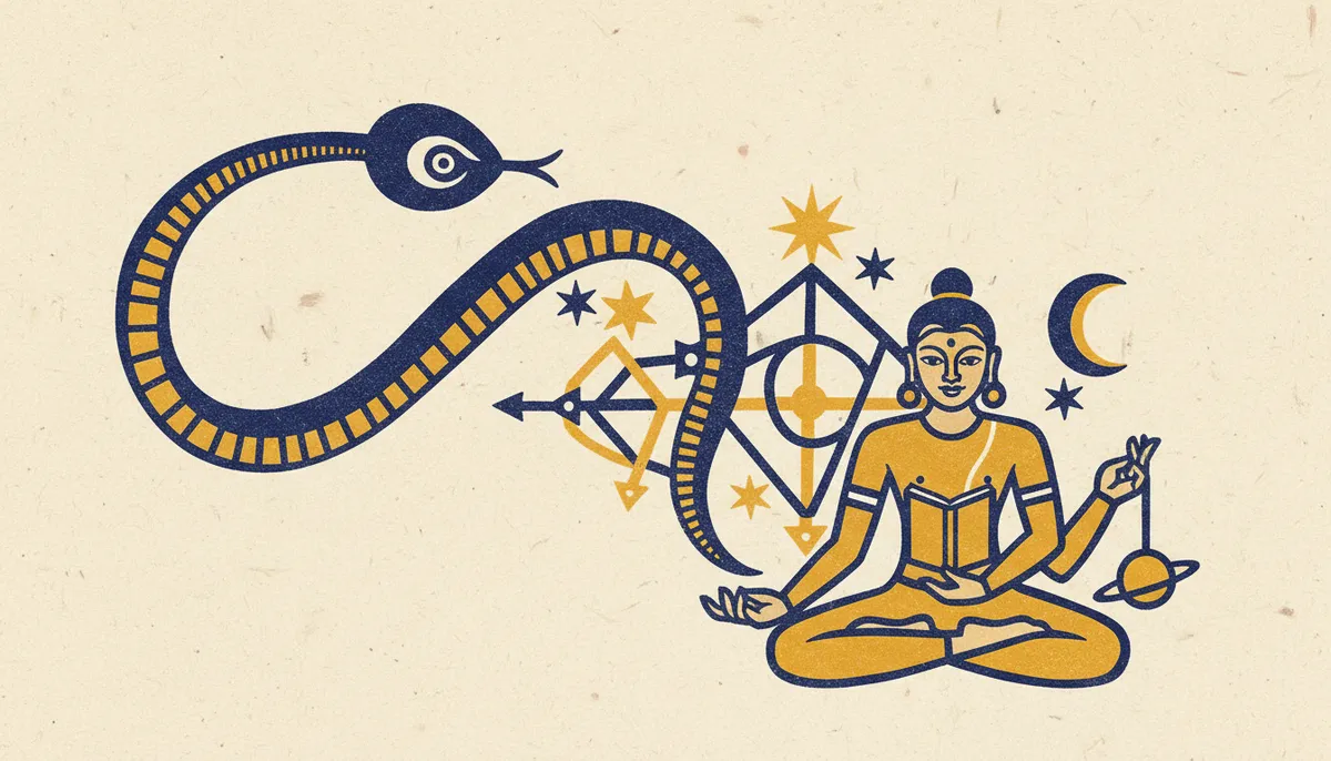 A minimalist block-print style graphic representing the union of Mercury and Ketu.