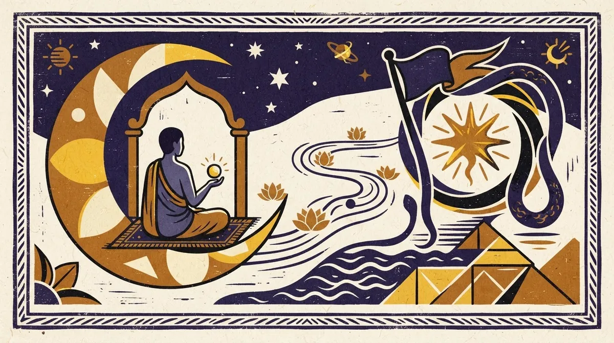 A minimalist block-print style image featuring a crescent moon and a lotus flower in saffron and indigo.