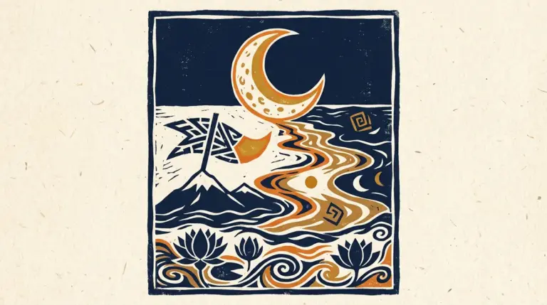 A minimalist block-print style image featuring a crescent moon and a lotus flower in saffron and indigo.