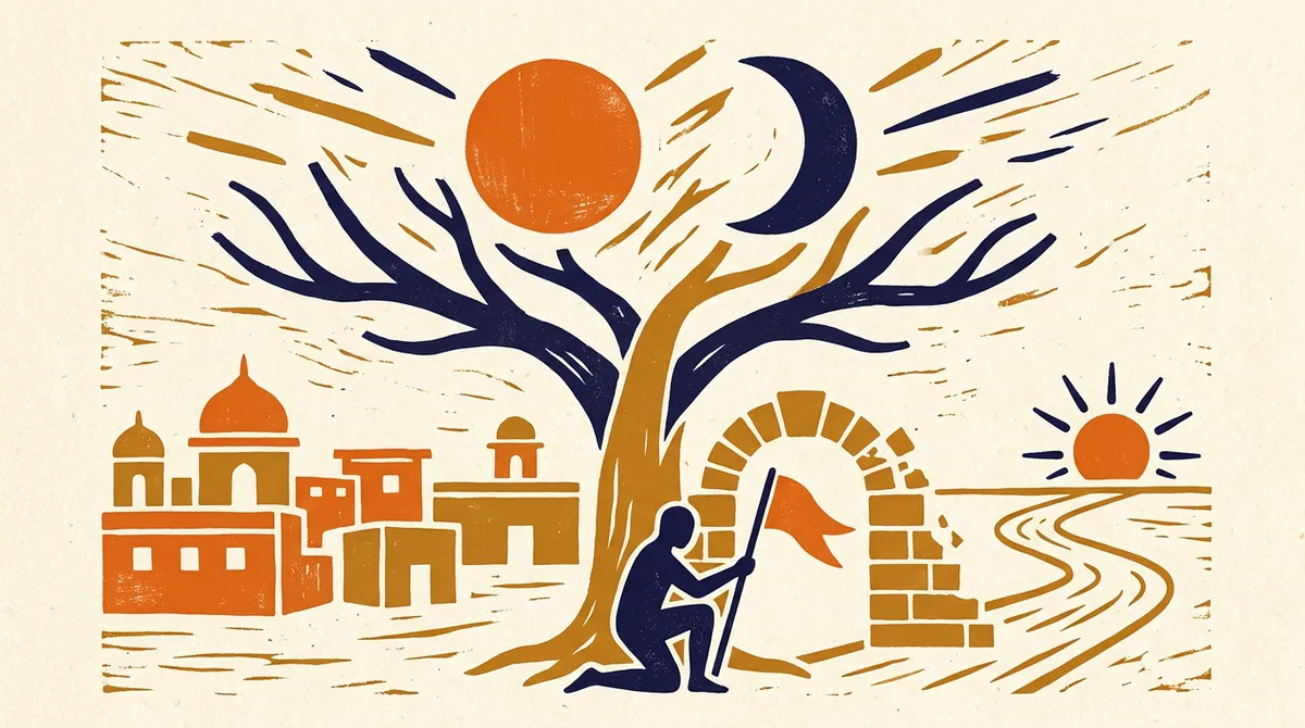 Ketu Antardasha Guru Mahadasha Career Themes Explained 1 A minimalist block-print style graphic featuring a planet and a star in saffron and indigo.