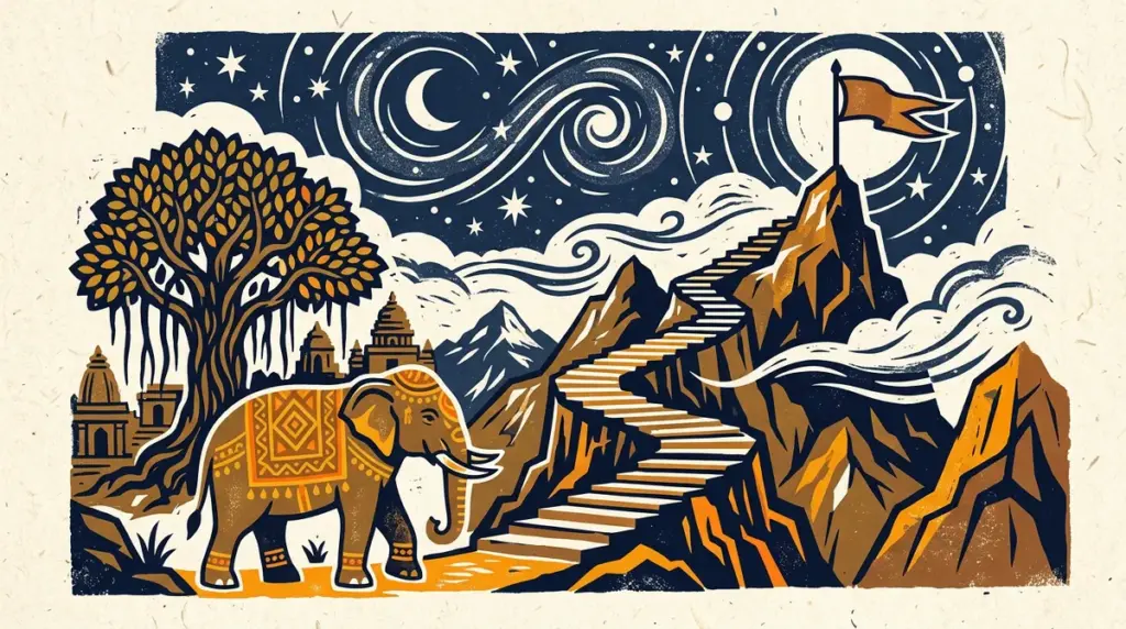 A minimalist block-print style graphic featuring a planet and a star in saffron and indigo.