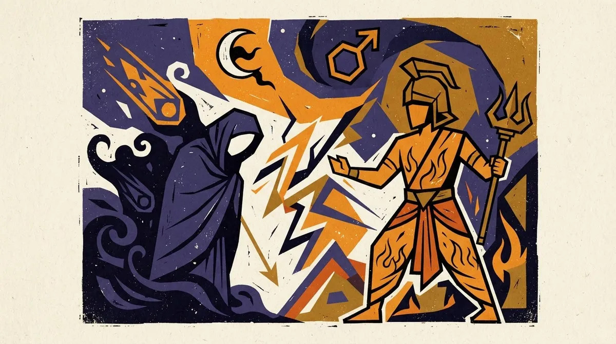Ketu Antardasha Mangal Mahadasha Relationship Themes 1 A block-print style illustration showing geometric shapes representing the energy of Mars and Ketu.