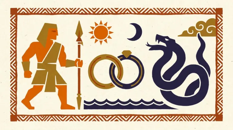 A block-print style illustration showing geometric shapes representing the energy of Mars and Ketu.