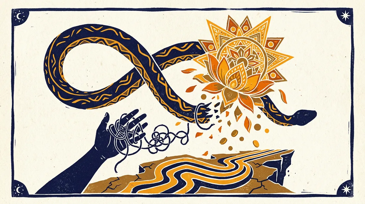 Ketu Antardasha Shukra Mahadasha Common Mistakes 1 Flat block print art showing peaceful transition and reflection themes