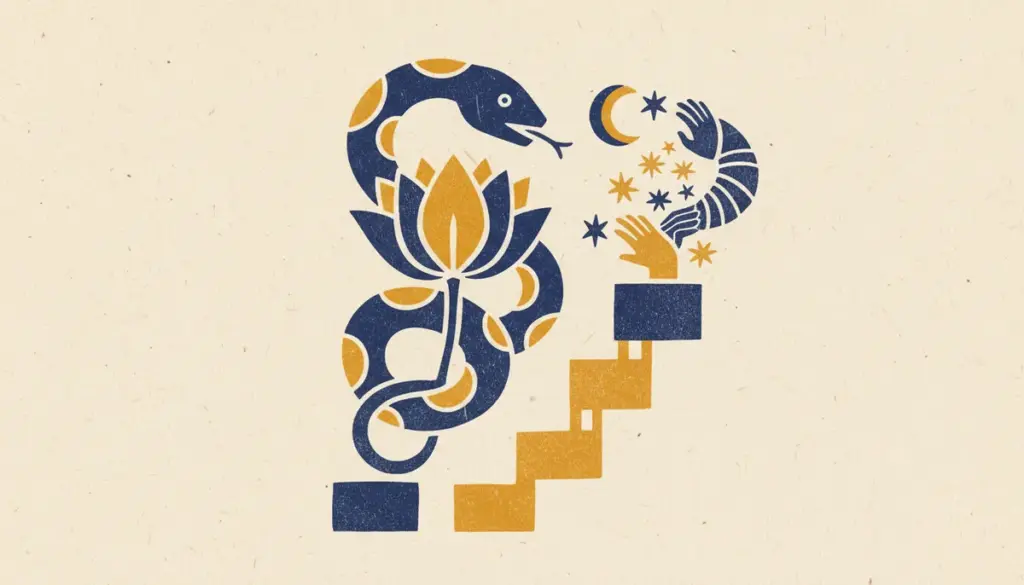 Flat block print art showing peaceful transition and reflection themes