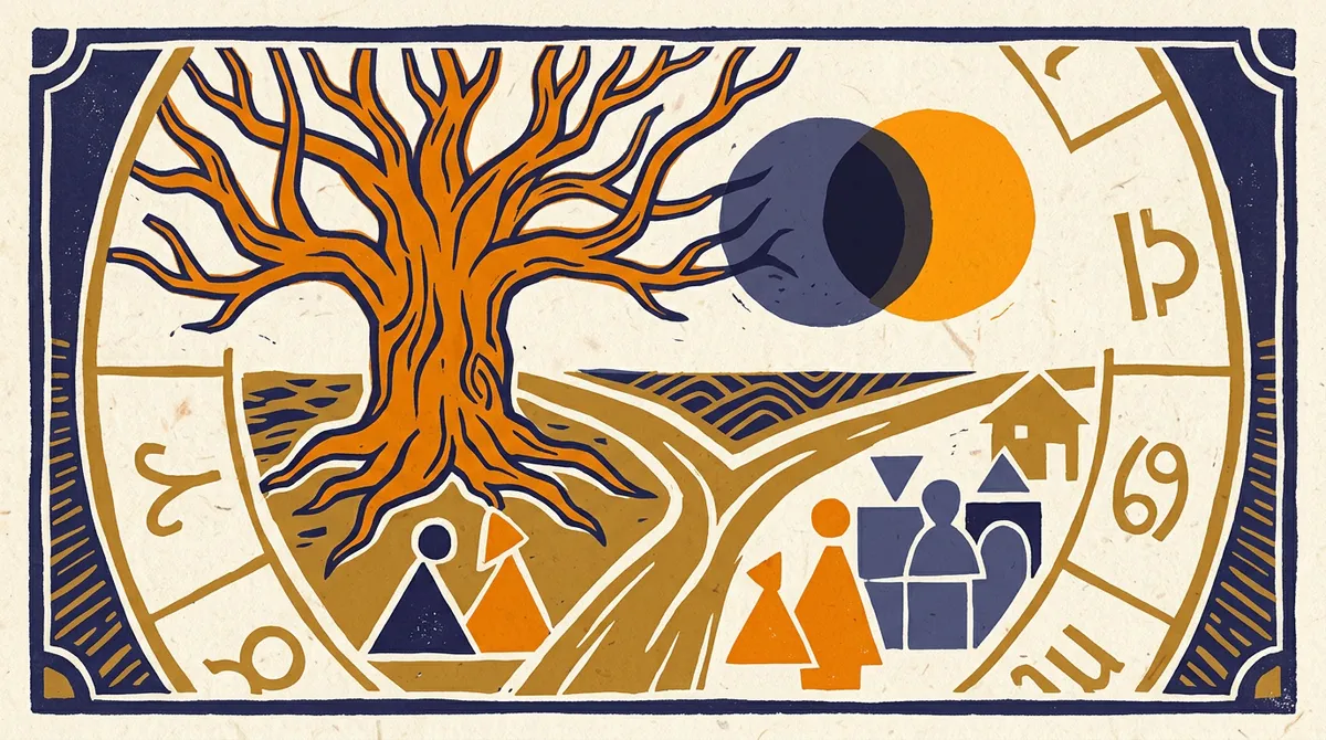 Ketu Antardasha Surya Mahadasha Family Themes Explained 1 A block-print style image showing a sun and a crescent symbol, representing the Sun and Ketu.