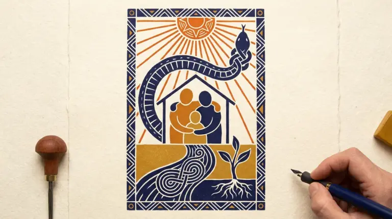 A block-print style image showing a sun and a crescent symbol, representing the Sun and Ketu.