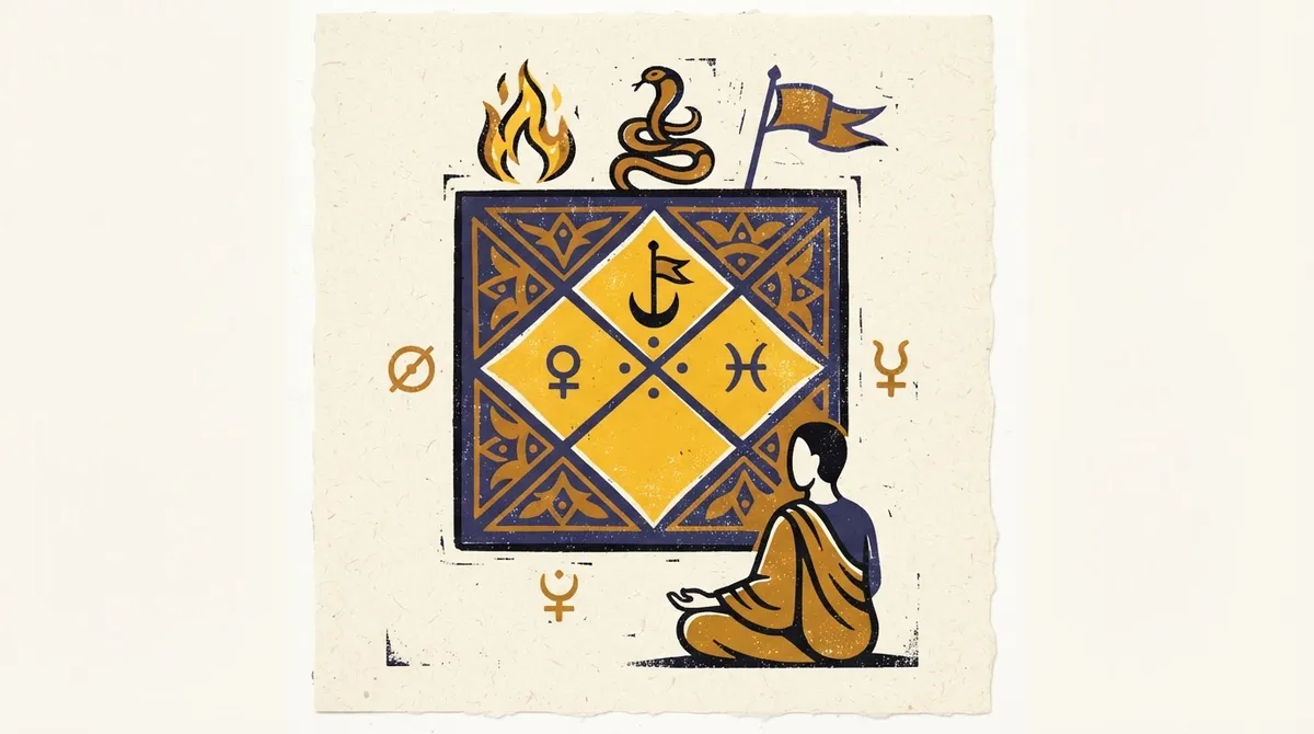 Abstract block-print style illustration of celestial points in saffron and indigo