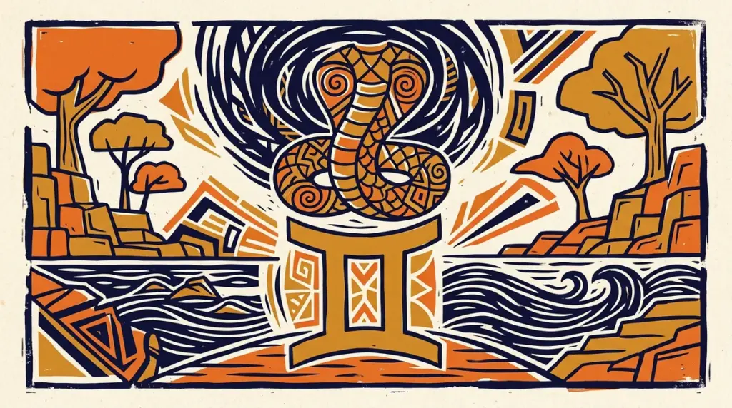 Abstract block-print style illustration of celestial points in saffron and indigo