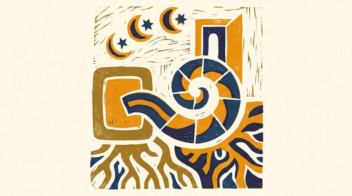 Ketu Mahadasha How It Ends: The Seven-Year Transition 1 Flat block print illustration of a planetary transition symbol in saffron and indigo