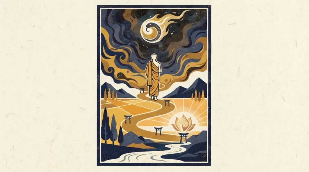 Flat block print illustration of a planetary transition symbol in saffron and indigo