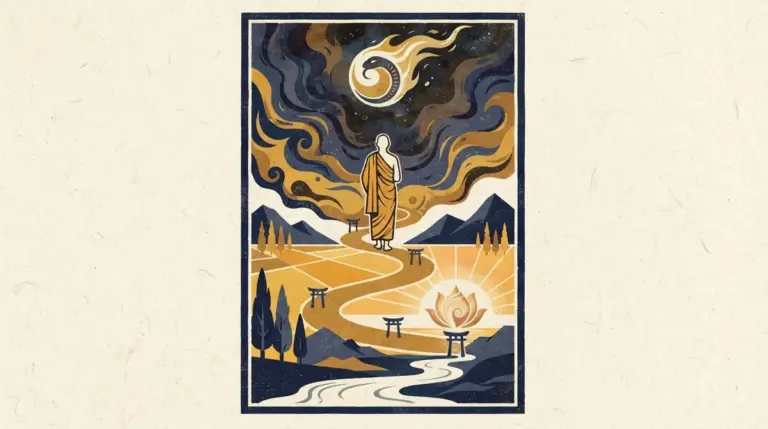 Flat block print illustration of a planetary transition symbol in saffron and indigo