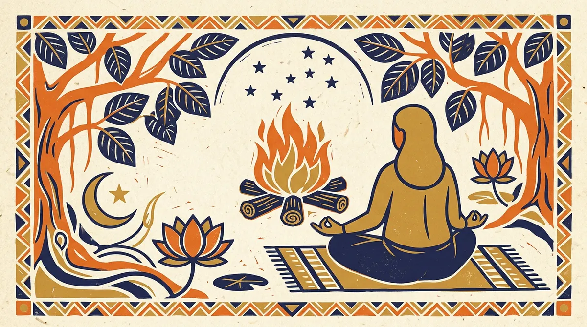Krittika Nakshatra Calming Practices for Inner Peace 1 A minimalist block-print illustration featuring a stylized flame and water ripples in saffron and indigo colors.