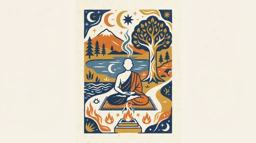 A minimalist block-print illustration featuring a stylized flame and water ripples in saffron and indigo colors.