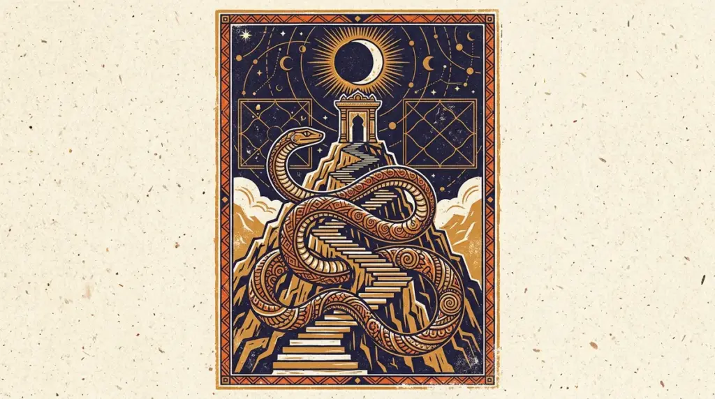 A minimalist block-print illustration of a serpent in a circle, representing the Rahu-Ketu axis in Vedic astrology.