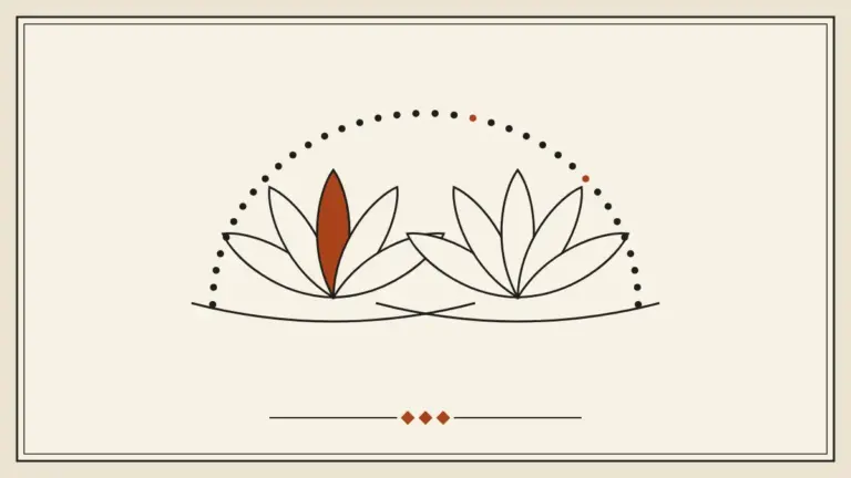 Two line-drawn lotuses side by side under an arc of thirty-six dots