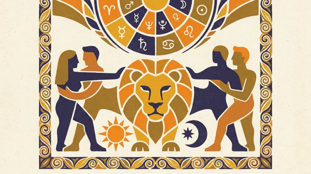 A block-print art piece showing a sun above a mountain in indigo and saffron tones.