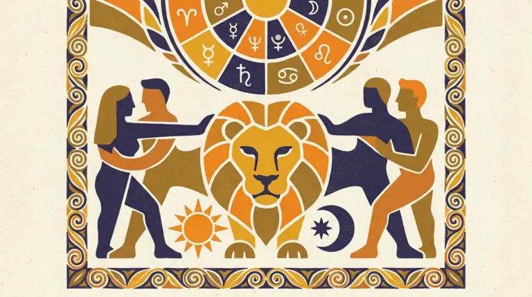 A block-print art piece showing a sun above a mountain in indigo and saffron tones.