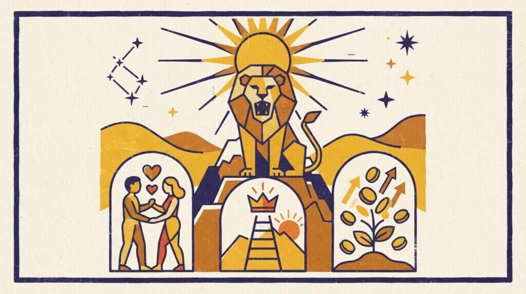 A minimalist block-print illustration of a lion centered within a geometric circular frame, rendered in earthy tones.